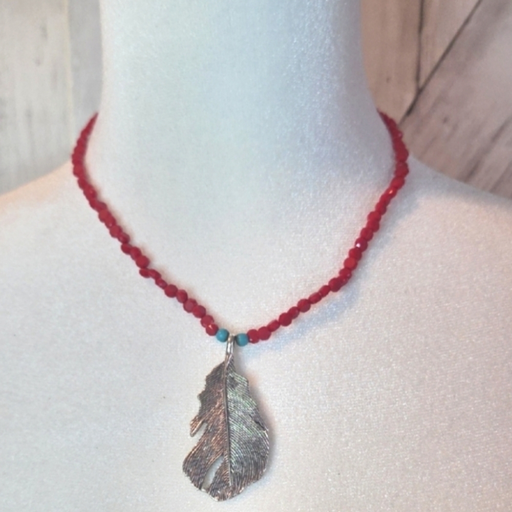 Plunder Silver Feather Necklace with Red Beads